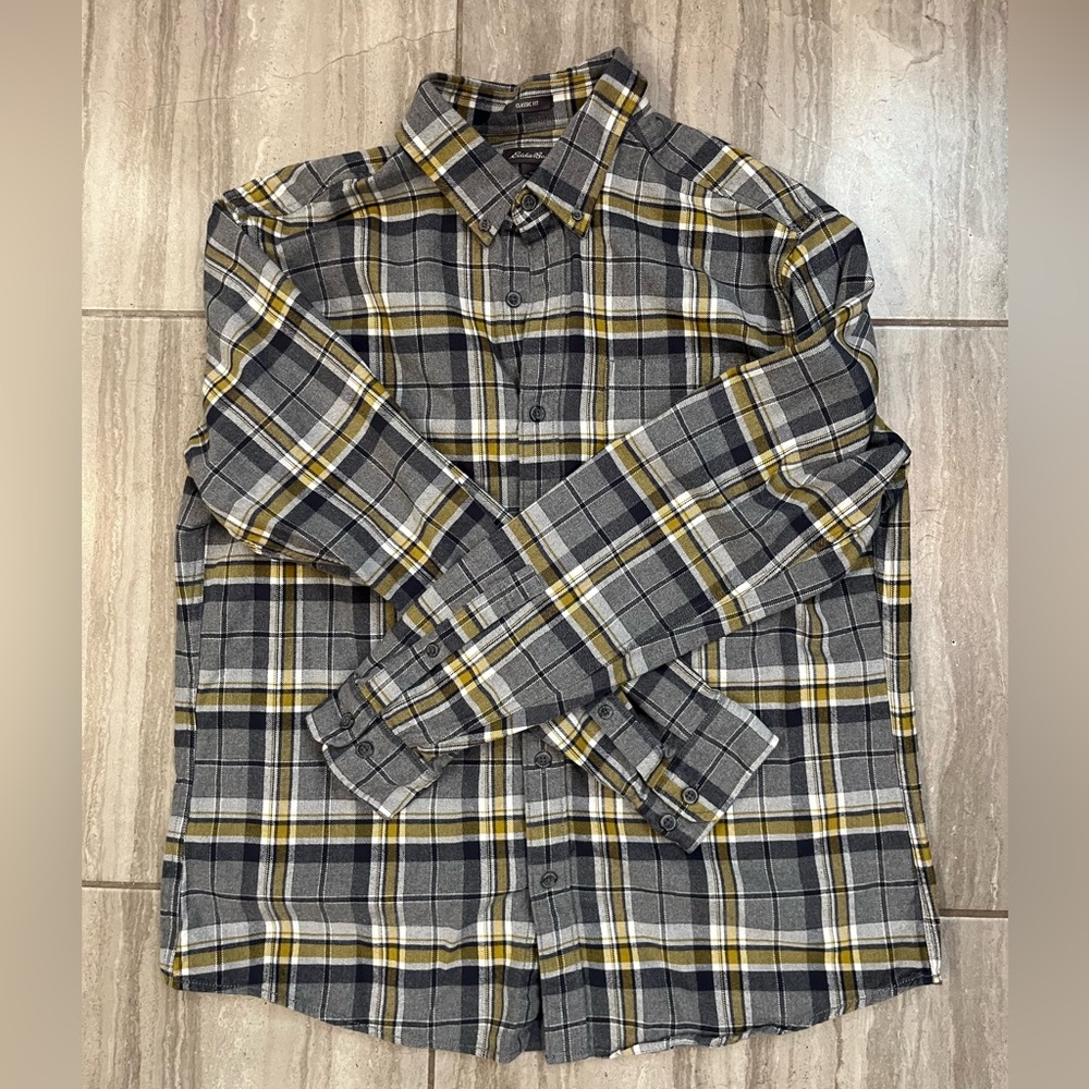 Eddie Bauer Gray, Yellow and Black Plaid Button-Down Shirt